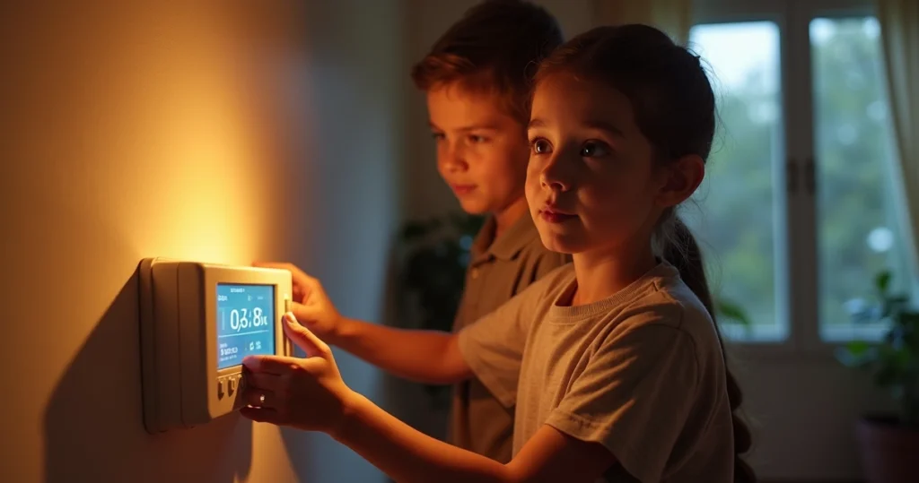 Family adjusting thermostat and turning off lights to save energy at home