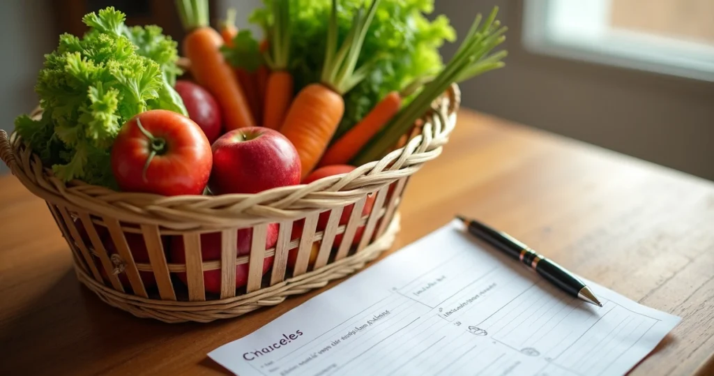 Grocery basket filled with fresh fruits and vegetables next to a handwritten shopping list on a wooden table