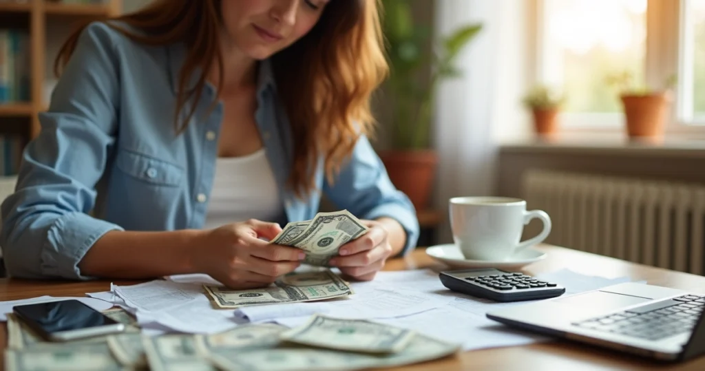 Woman counting cash at a cluttered table with bills and receipts
