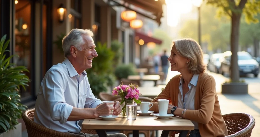 Mature couple smiling at a café table during a relaxed date