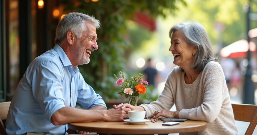 Smiling senior couple holding hands at an outdoor café table