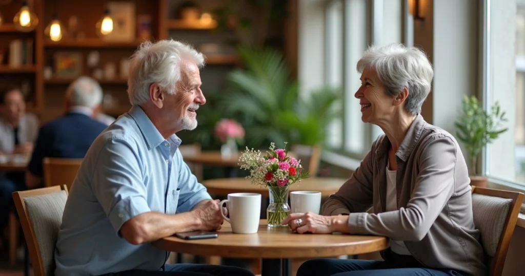 Senior couple smiling and talking at a café table