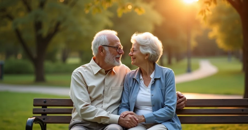 Older couple sitting together on a park bench holding hands