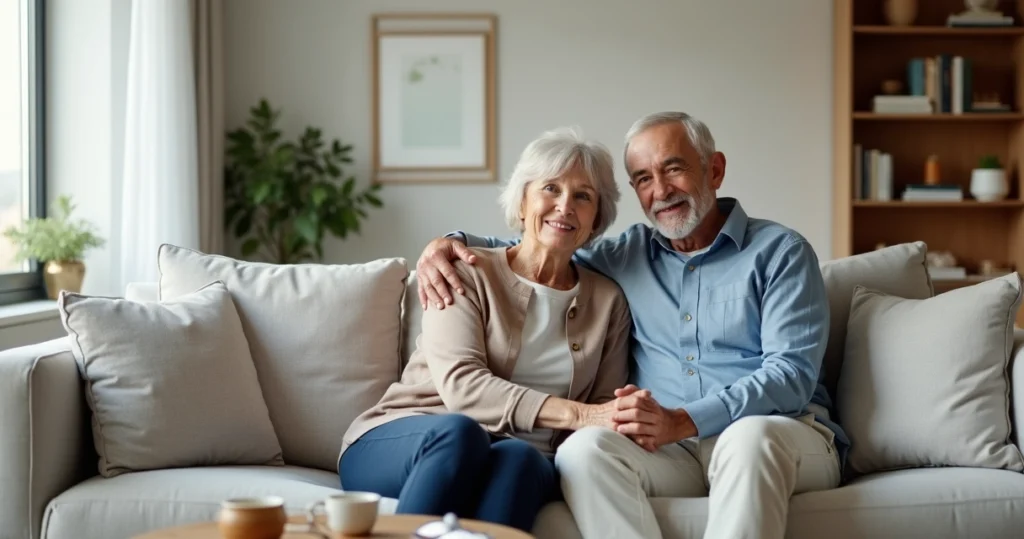 Senior couple relaxing on sofa in cozy living room