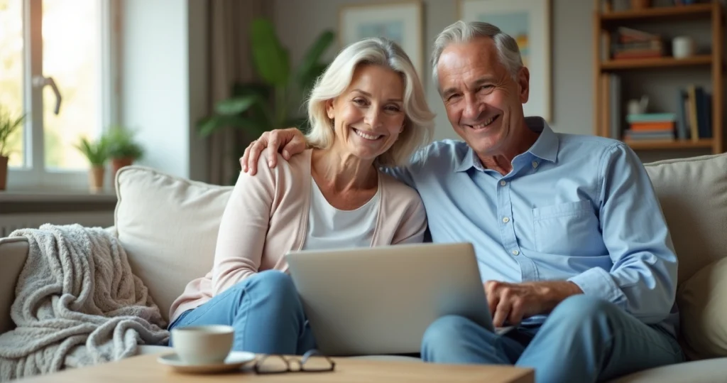 Senior couple sitting on a sofa using a laptop for online dating