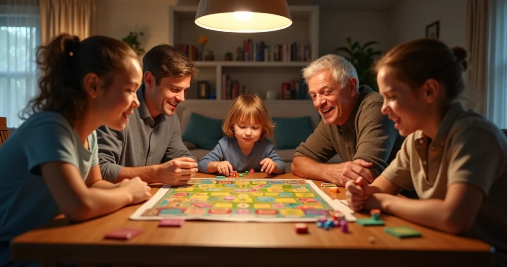 Family of different ages playing a board game together at a cozy table