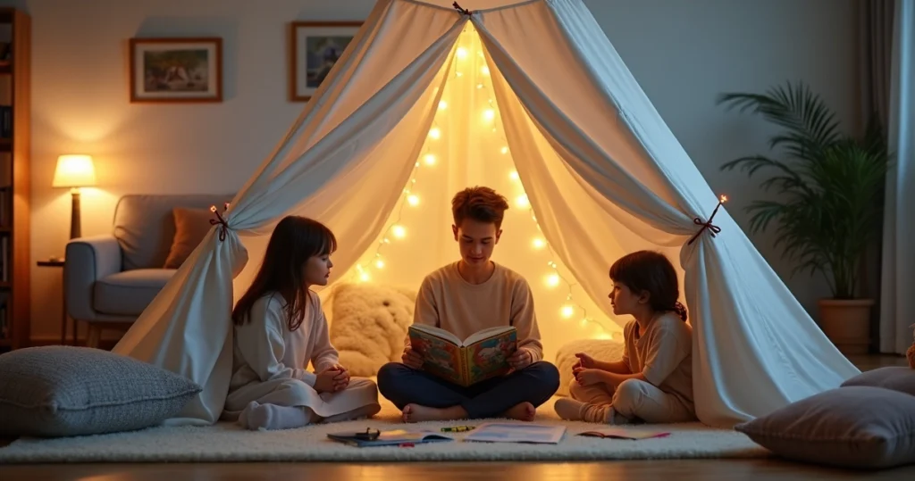 Parent reading a storybook to children in a cozy living room fort