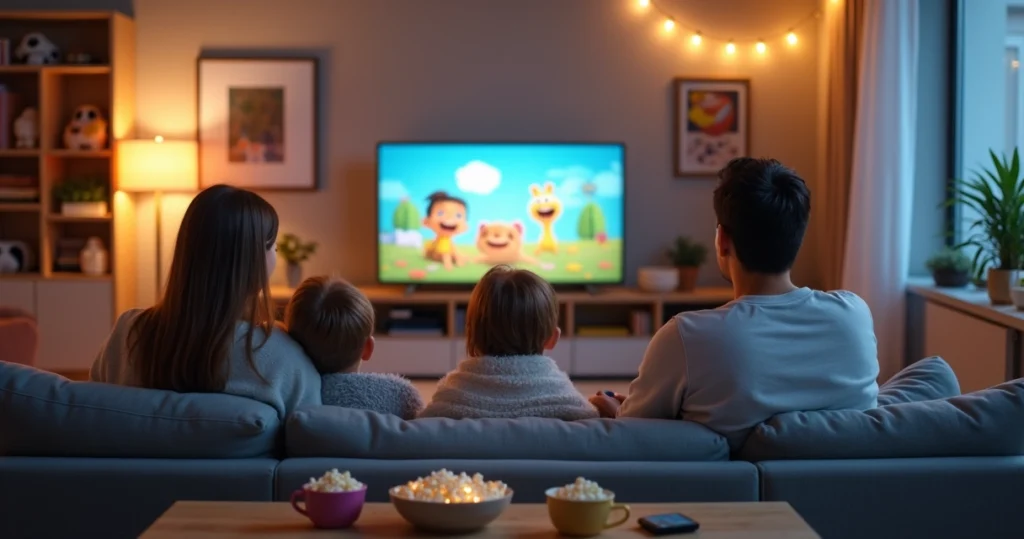 Parents and young children watching a kids movie together in a cozy living room