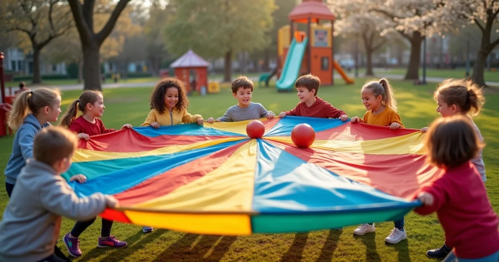 Children playing a cooperative game on a playground
