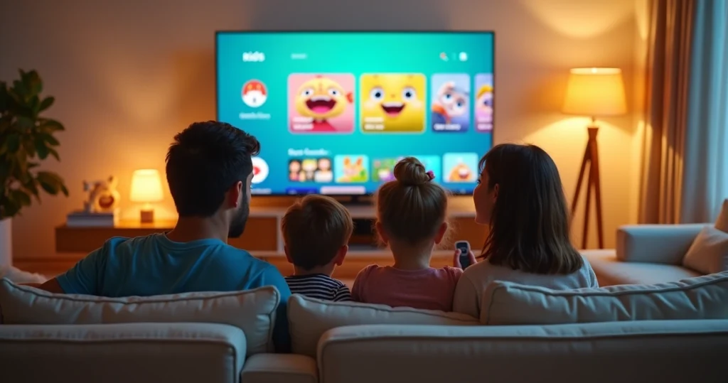 Parents and children watching a kids streaming platform together in a cozy living room