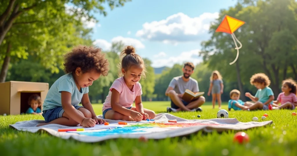 Group of children playing outdoors on a sunny weekend without screens
