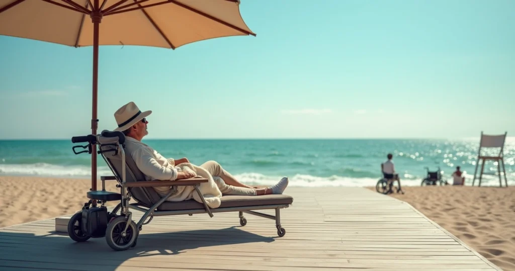 Traveler resting on adaptive beach daybed with mobility aid nearby