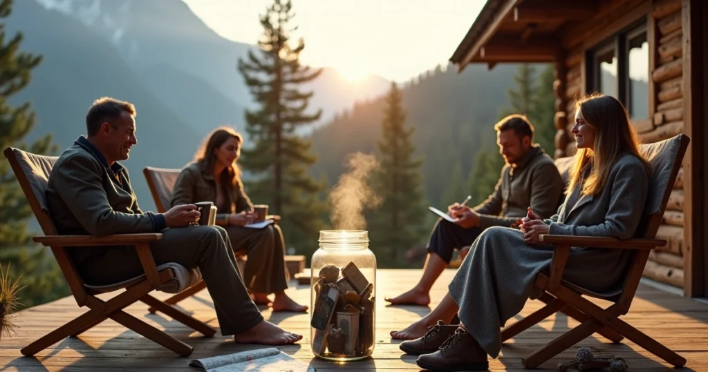 Friends relaxing outside a remote cabin with phones locked in a jar