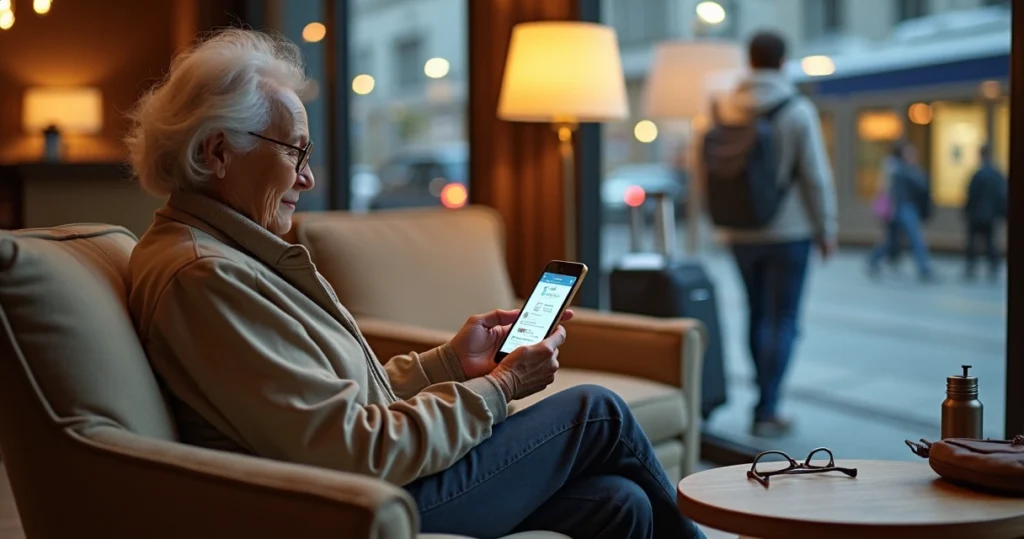 Older traveler using travel apps on smartphone in cozy hotel lobby