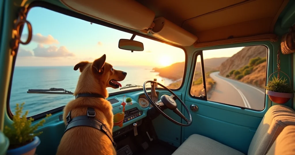 Traveler driving a van with pets and plants on a scenic road