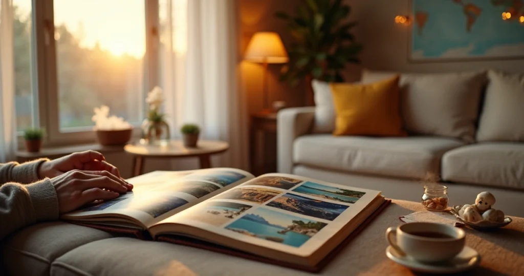 Person holding old travel photos near a softly lit window